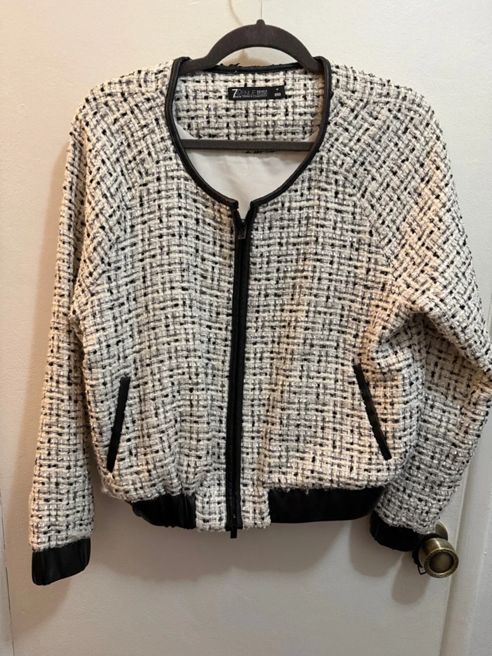 New York and company seventh Avenue Textured Black & White Tweed Bomber Jacket - Picture 3 of 6